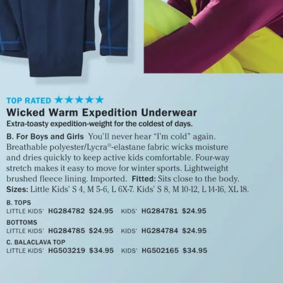 LL Bean “Wicked Warm Expedition Underwear” thermal Balaclava girls size 5-6 - Picture 2 of 4